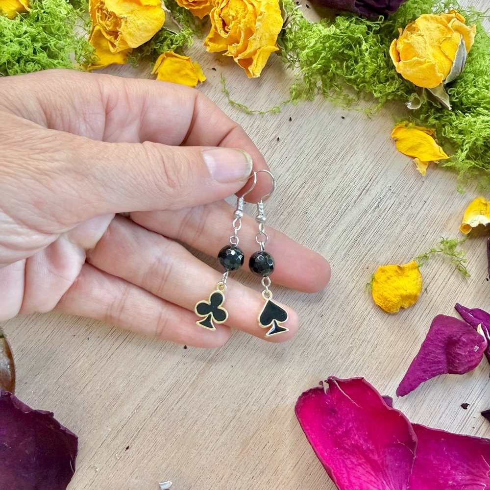 ♠️ Handmade Black Onyx & Card Suit Charm Earrings ♣️ - Picture 4 of 4